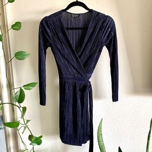 Topshop Navy Pleated Long Sleeved Wrap Dress